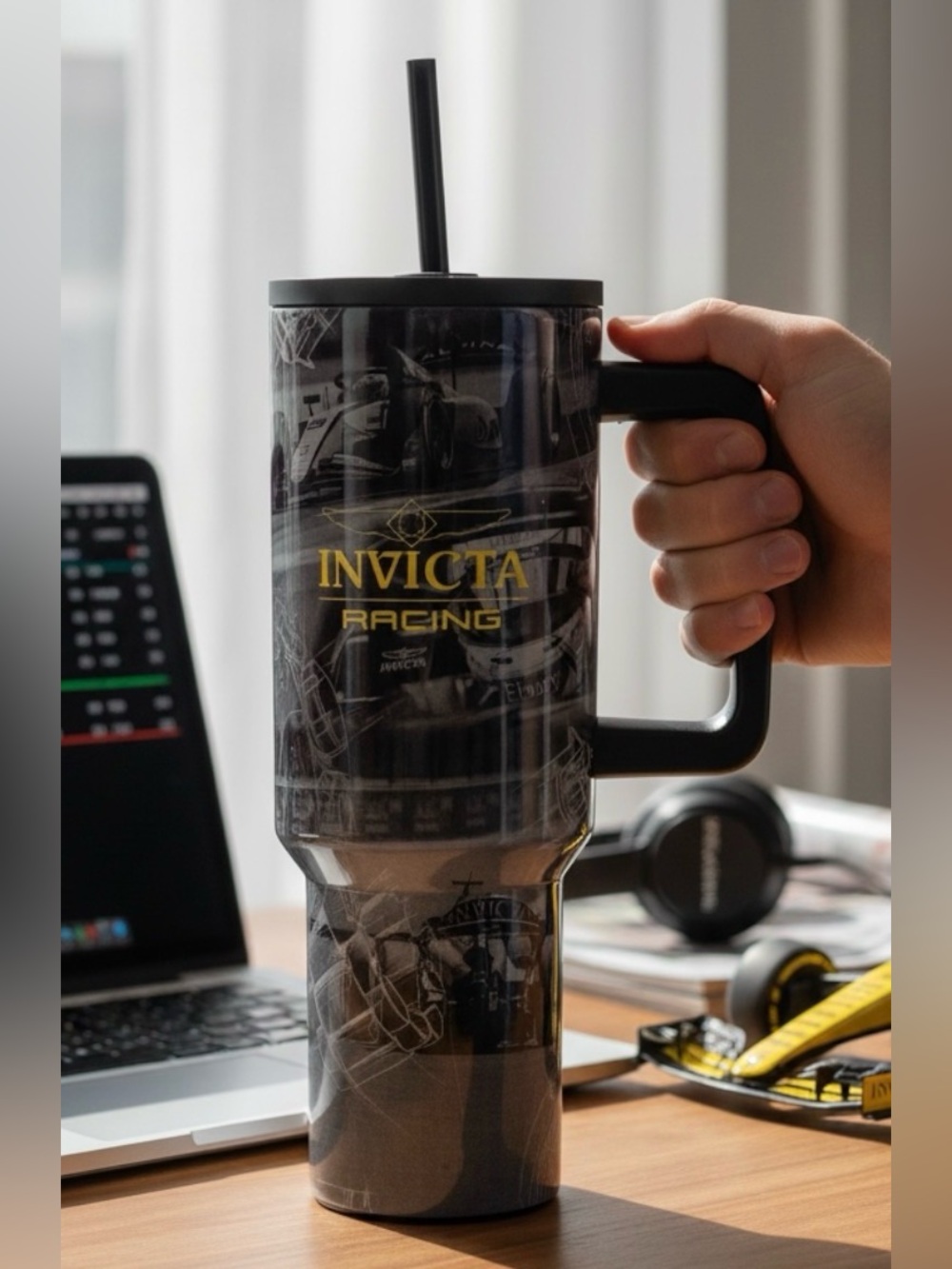 Invicta Racing Travel Tumbler with Handle - Black & Yellow Logo